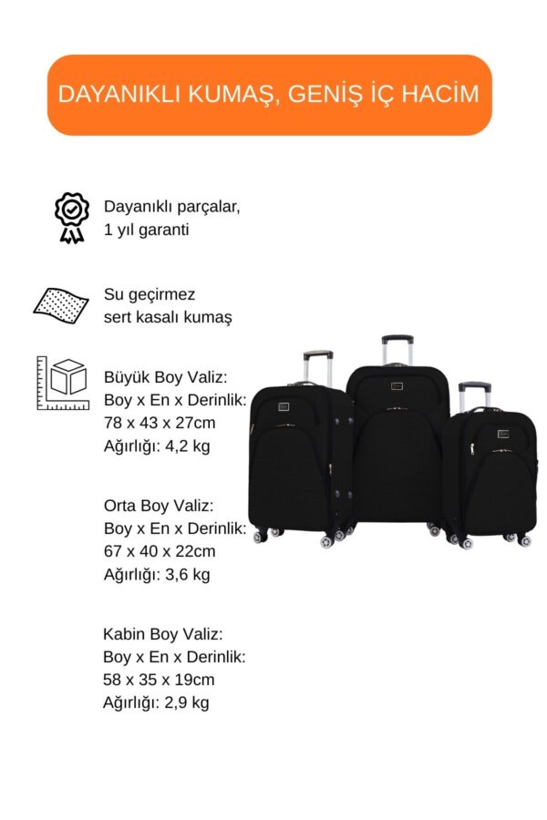 3'lü Valiz Seti 4 Teker Kumaş Valiz Siyah 1081