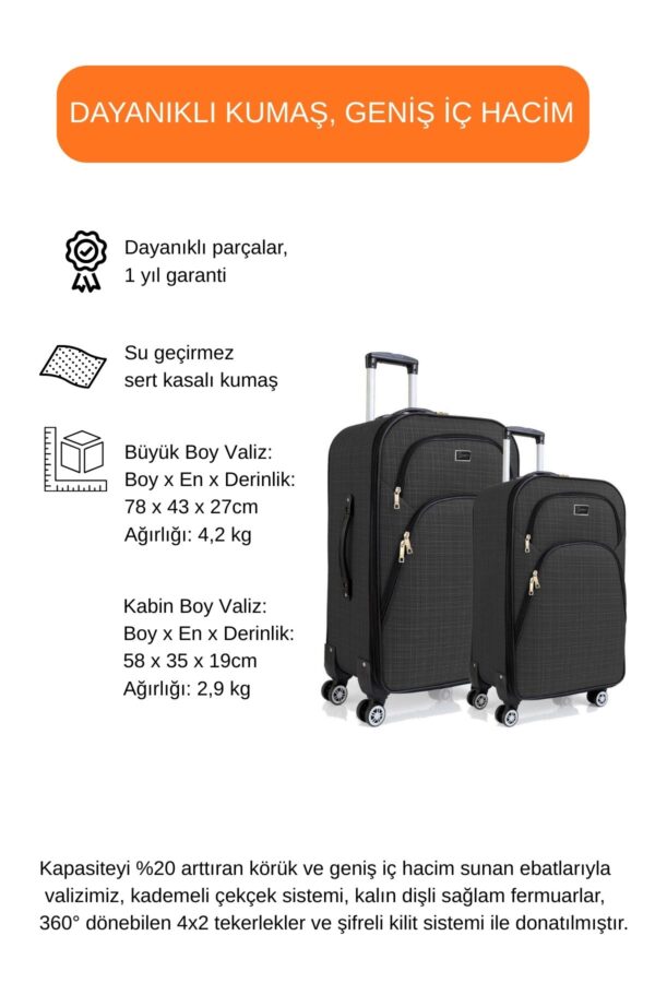 Büyük ve Kabin Boy Valiz Seti 4 Teker Kumaş Valiz Antrasit 1081