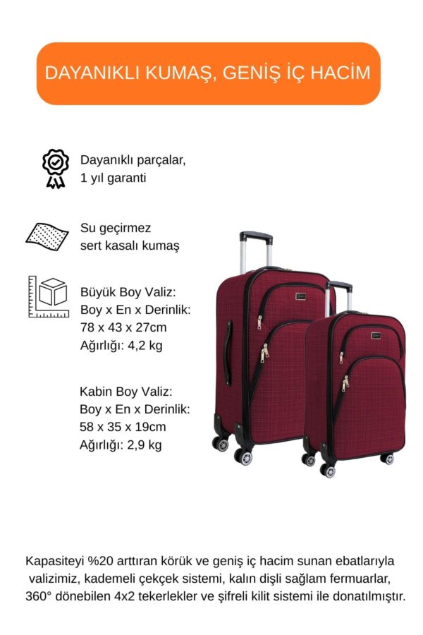 Büyük ve Kabin Boy Valiz Seti 4 Teker Kumaş Valiz Bordo 1081