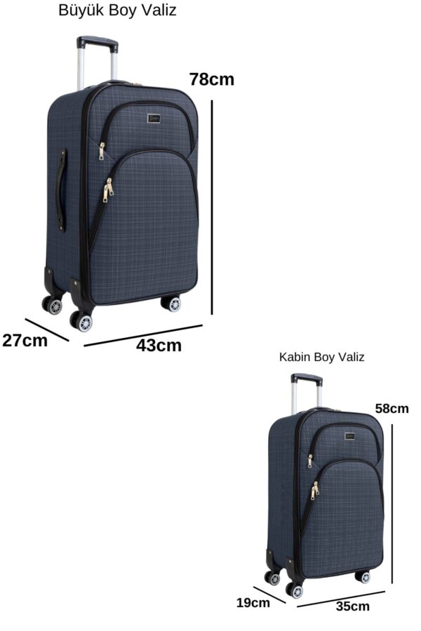 Büyük ve Kabin Boy Valiz Seti 4 Teker Kumaş Valiz Lacivert 1081