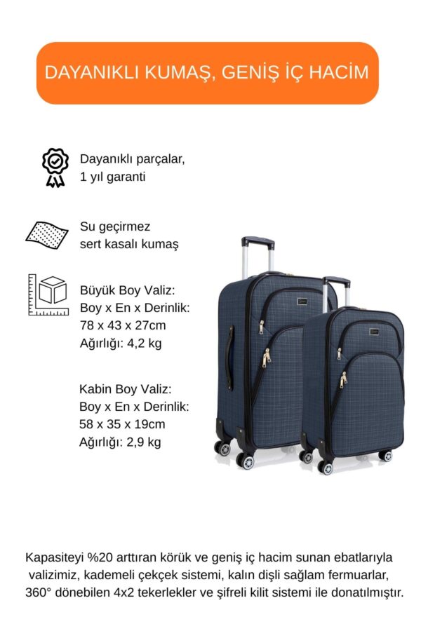 Büyük ve Kabin Boy Valiz Seti 4 Teker Kumaş Valiz Lacivert 1081