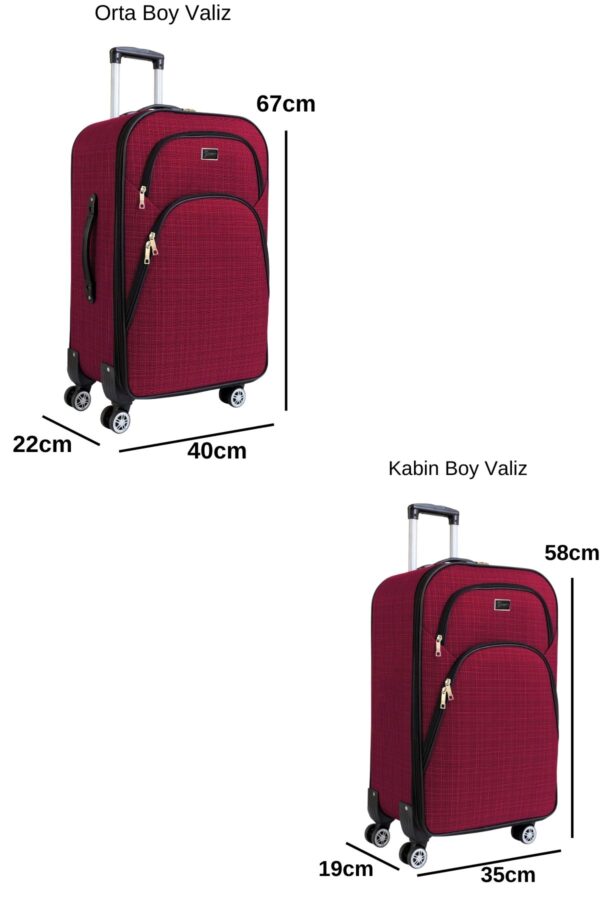 Orta ve Kabin Boy Valiz Seti 4 Teker Kumaş Valiz Bordo 1081