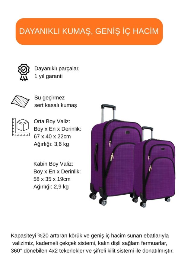 Orta ve Kabin Boy Valiz Seti 4 Teker Kumaş Valiz Mor 1081