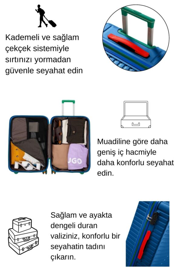 3'lü Valiz Seti %100 Polikarbon Valiz 4x2 Teker Mavi 1088
