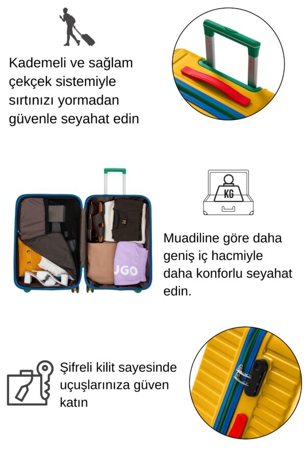 3'lü Valiz Seti %100 Polikarbon Valiz 4x2 Teker Sarı 1088