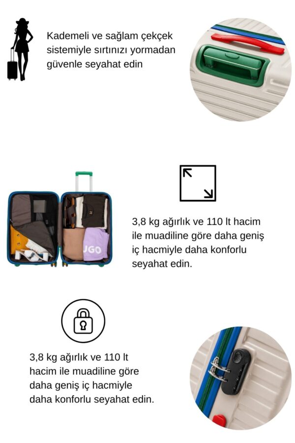 3'lü Valiz Seti %100 Polikarbon Valiz 4x2 Teker Bej 1088