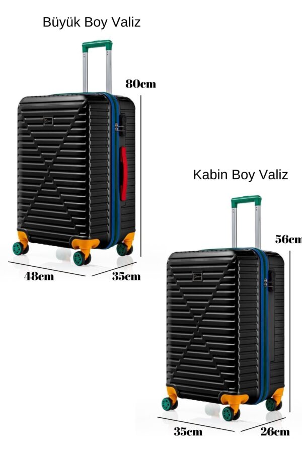 Büyük Ve Kabin Boy 2'li Valiz Seti %100 Polikarbon Valiz 4x2 Teker Siyah 1088