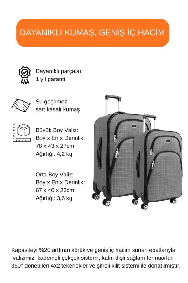 Büyük ve Orta Boy Valiz Seti 4 Teker Kumaş Valiz Gri 1081